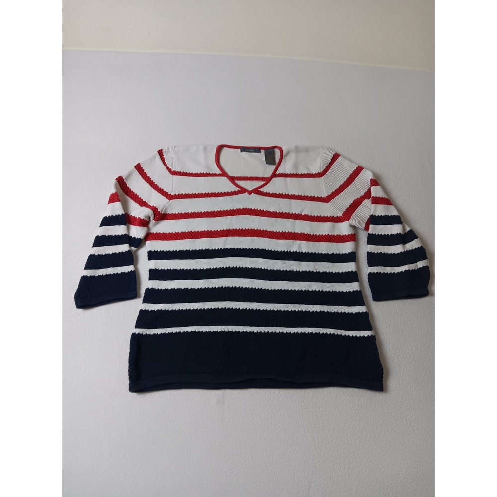 Liz Claiborne Womens XL Red White Blue Striped Cotton V-Neck Knit‎ Sweater